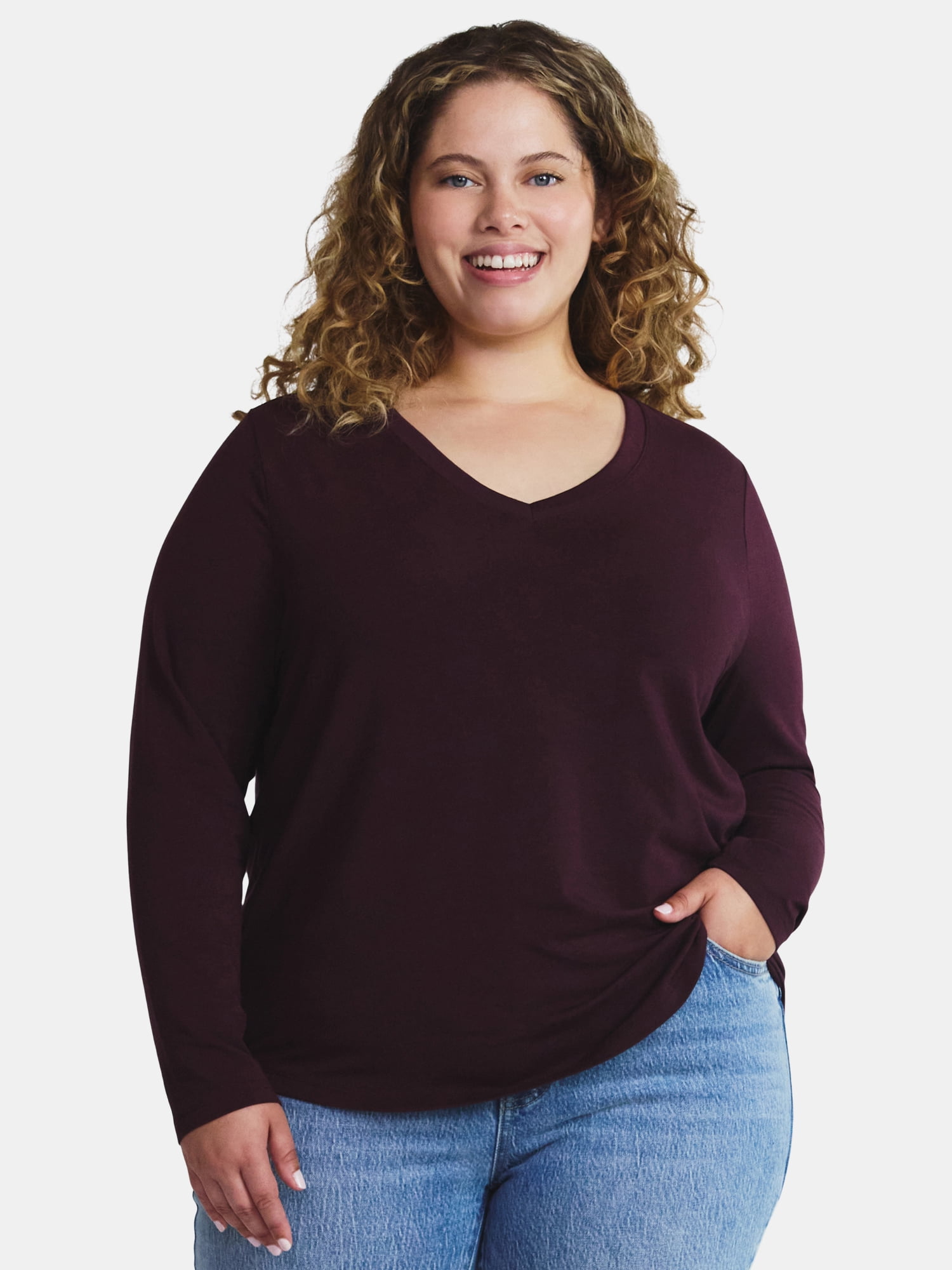Terra & Sky Women's Plus Size Long Sleeve V-Neck Tee, Sizes 0X-5X