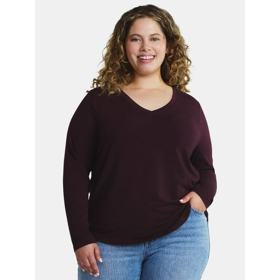 Terra & Sky Women's Plus Size V-Neck Tee with Long Sleeves, Sizes 0X-5X