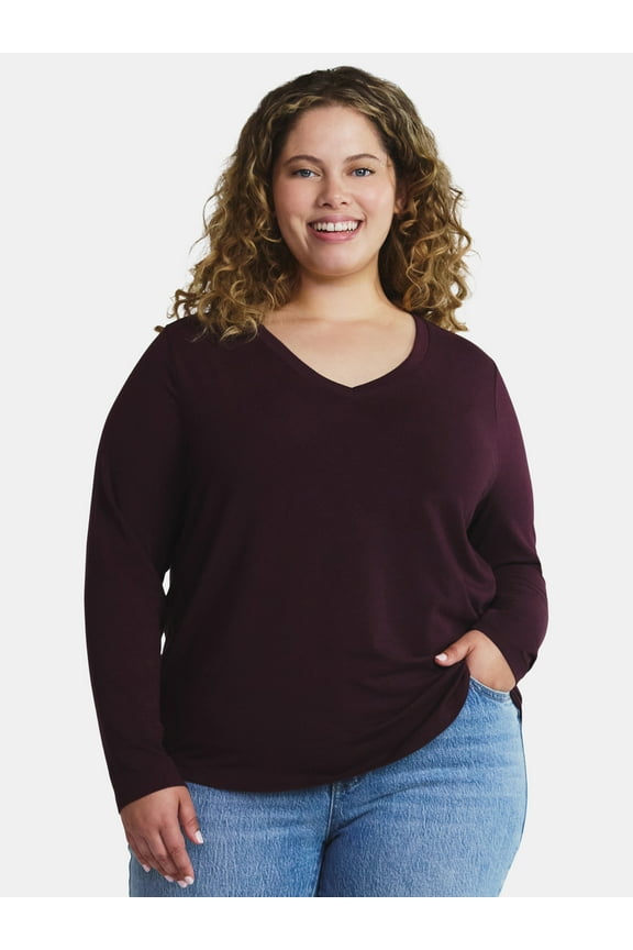 Women's Plus Size V-Neck Tee with Long Sleeves, Sizes 0X-5X