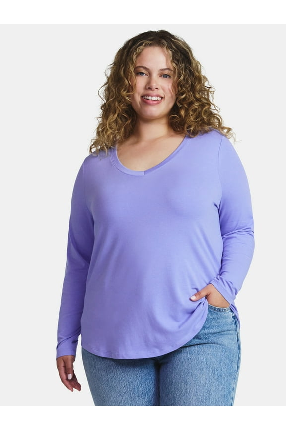Women's Plus Size V-Neck Tee with Long Sleeves, Sizes 0X-5X