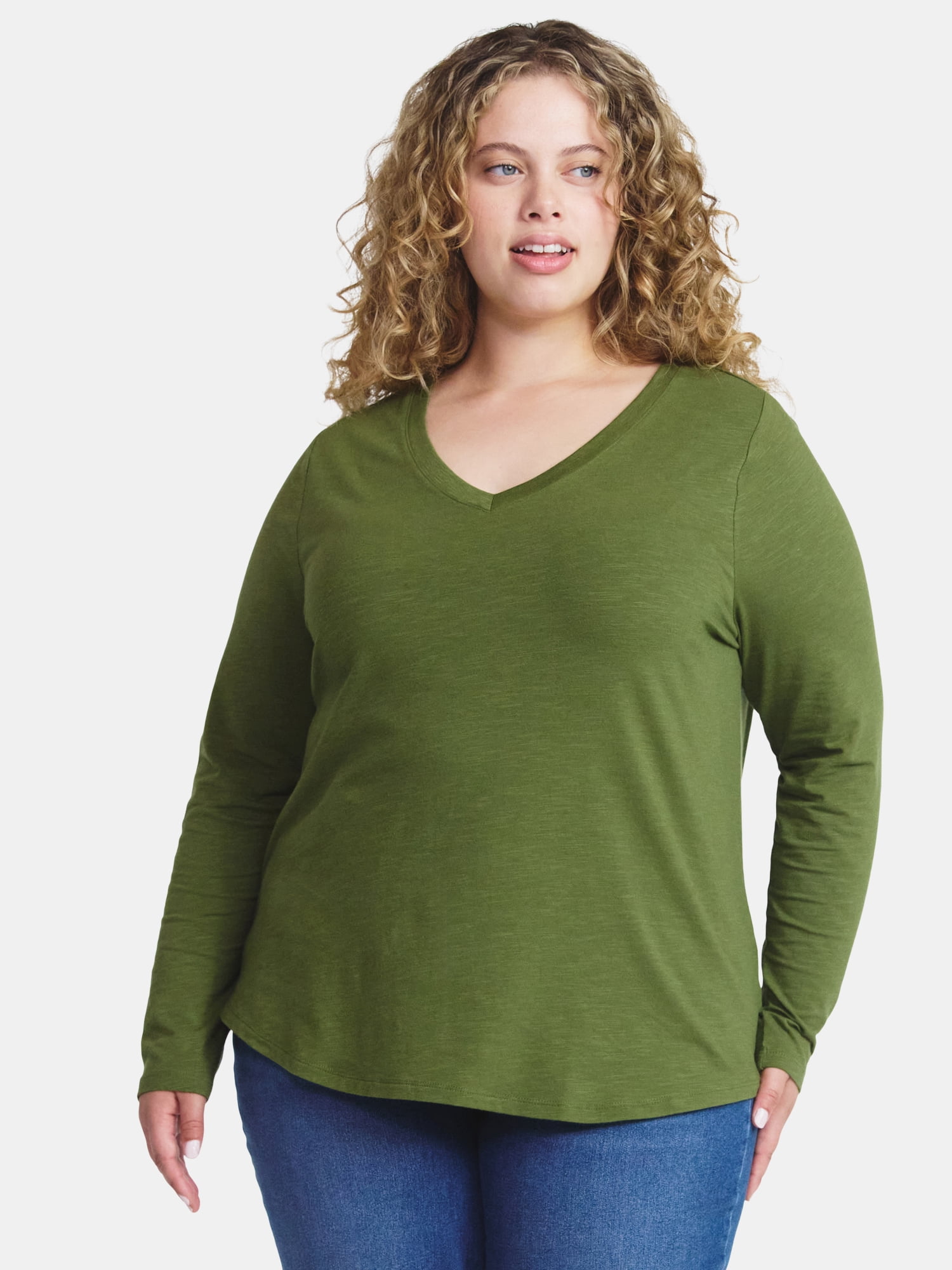 Terra & Sky Women's Plus Size V-Neck Tee with Long Sleeves, Sizes 0X-5X