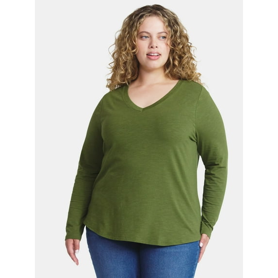 Terra & Sky Women's Plus Size V-Neck Tee with Long Sleeves, Sizes 0X-5X