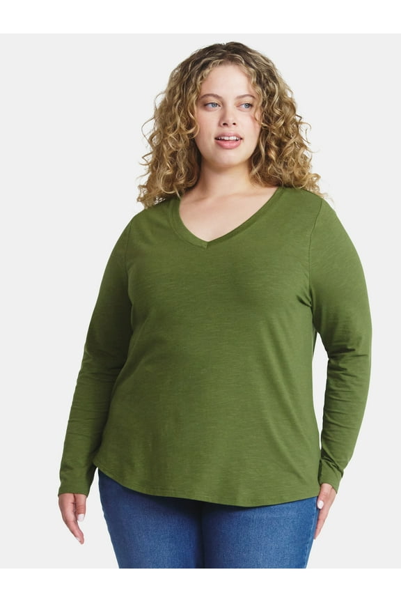 Women's Plus Size V-Neck Tee with Long Sleeves, Sizes 0X-5X