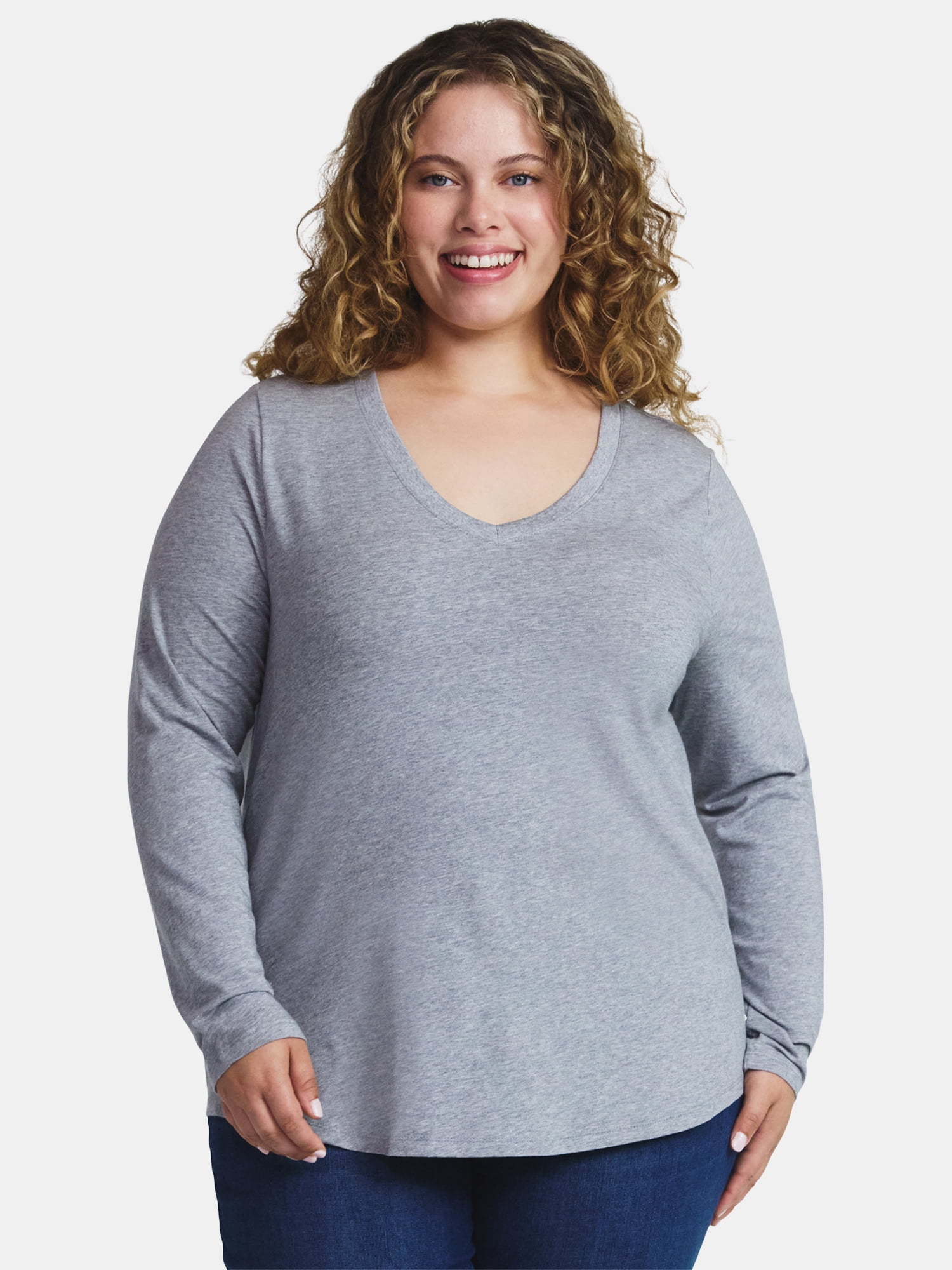 Terra & Sky Women's Plus Size V-Neck Tee with Long Sleeves, Sizes 0X-5X