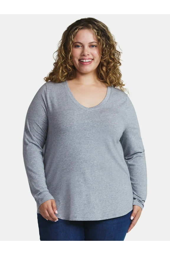 Women's Plus Size V-Neck Tee with Long Sleeves, Sizes 0X-5X