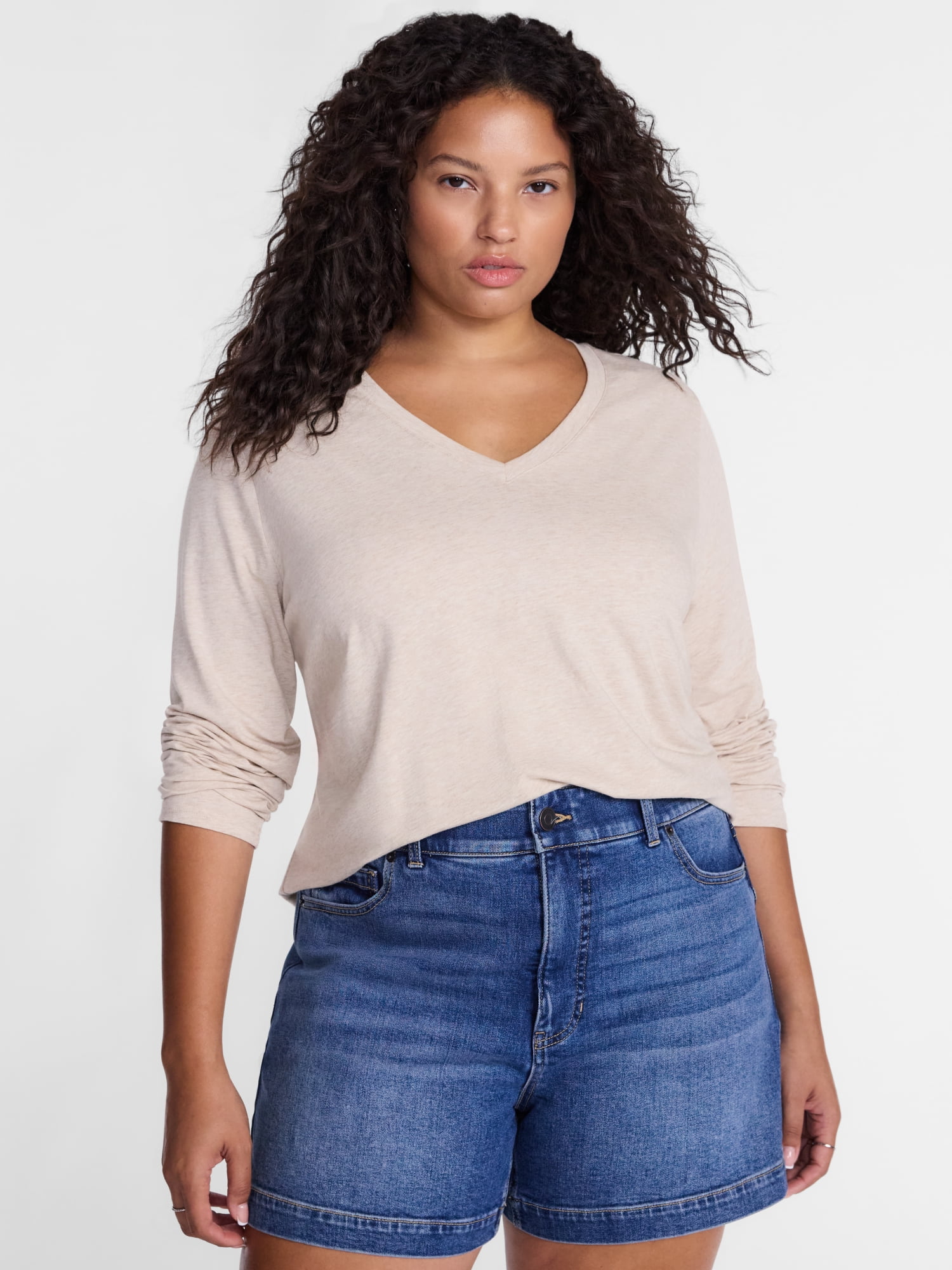 Terra & Sky Women's Plus Size V Neck Tee with Long Sleeves, Size 0X-5X