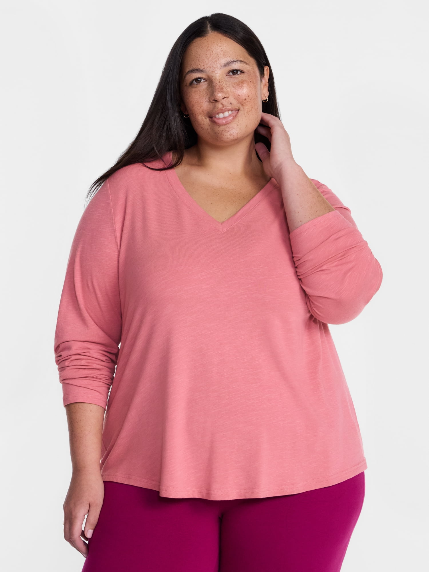 Terra & Sky Women's Plus Size V Neck Tee with Long Sleeves, Size 0X-5X