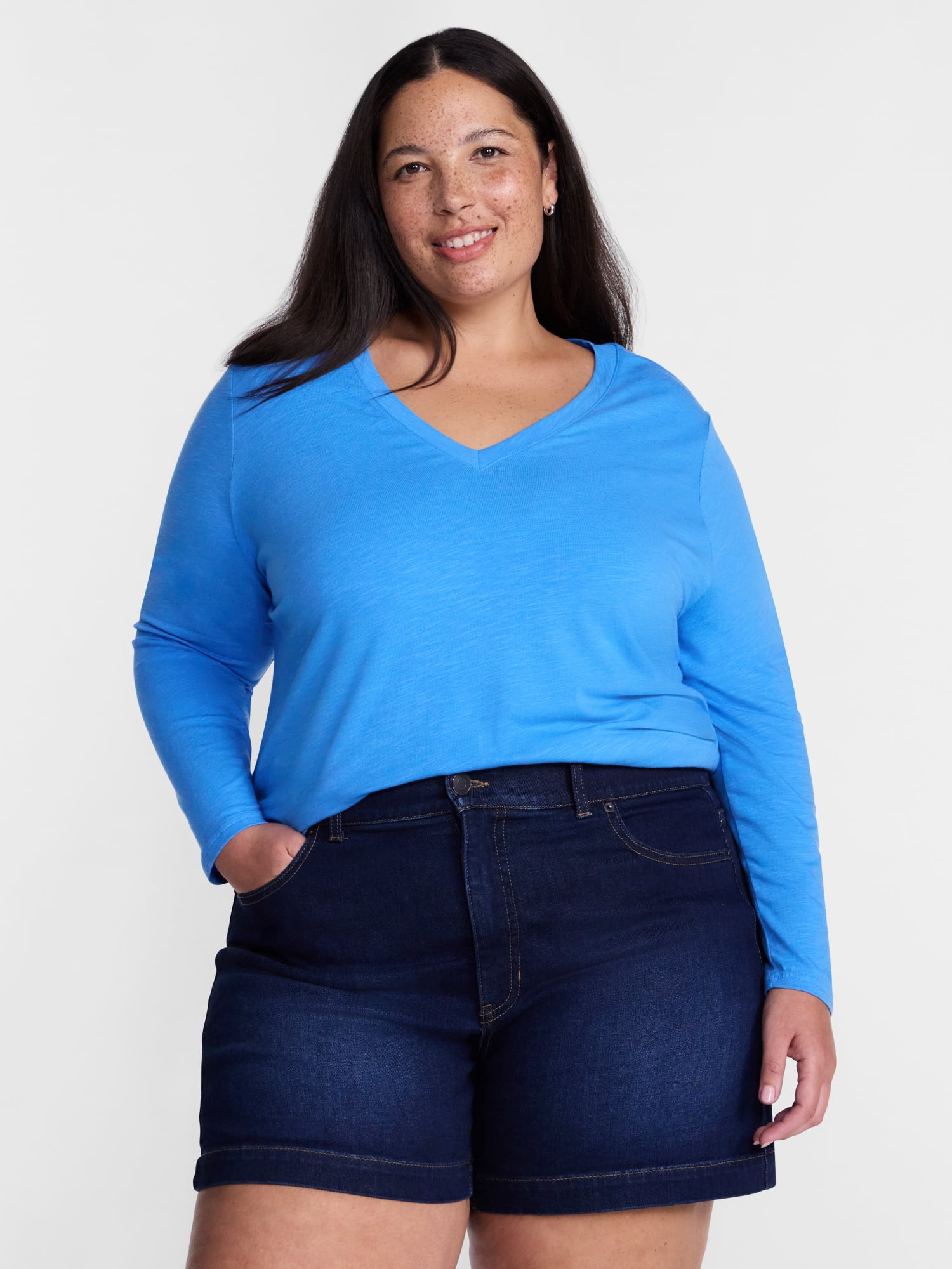 Terra & Sky Women's Plus Size V Neck Tee with Long Sleeves, Size 0X-5X