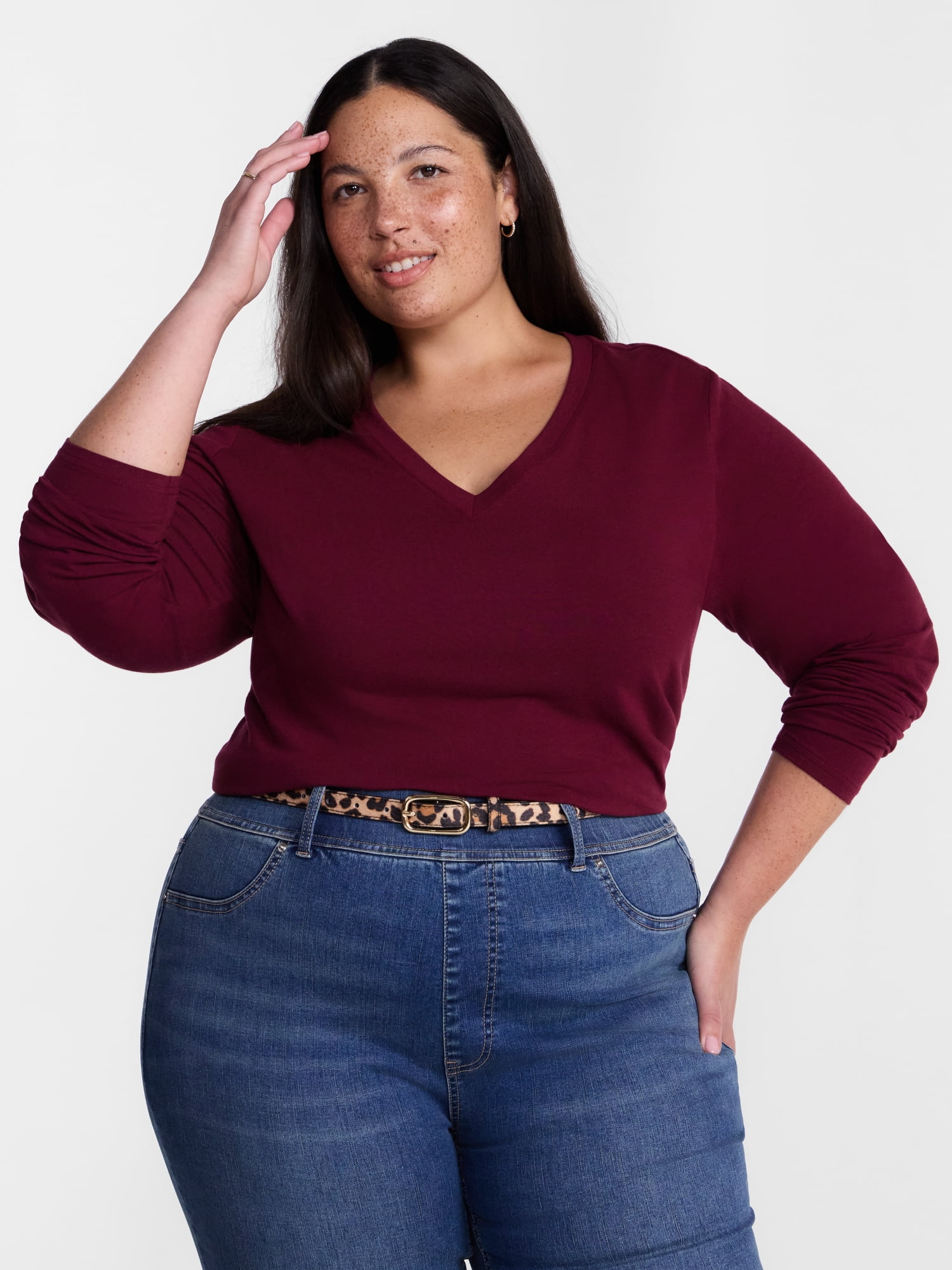 Terra & Sky Women's Plus Size V Neck Tee with Long Sleeves, Size 0X-5X