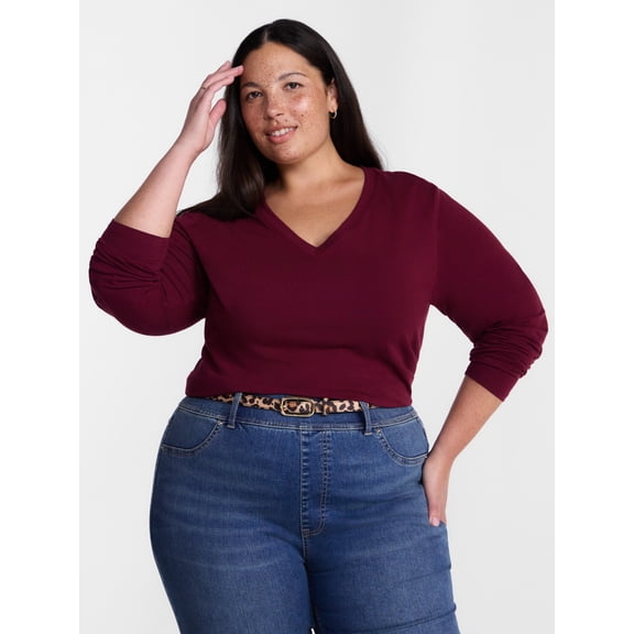 Terra & Sky Women's Plus Size V Neck Tee with Long Sleeves, Size 0X-5X