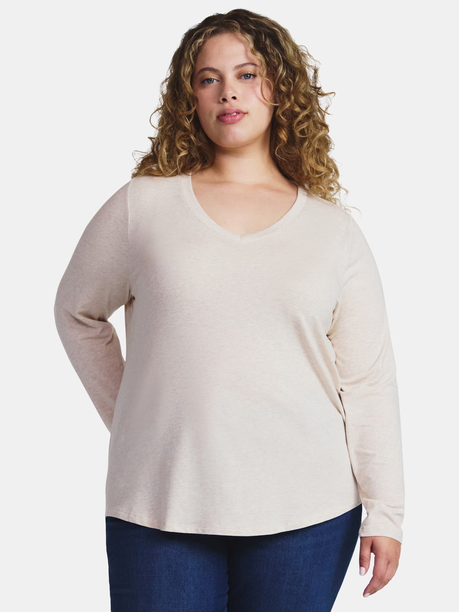 Terra & Sky Women's Plus Size V-Neck Tee with Long Sleeves, Sizes 0X-5X