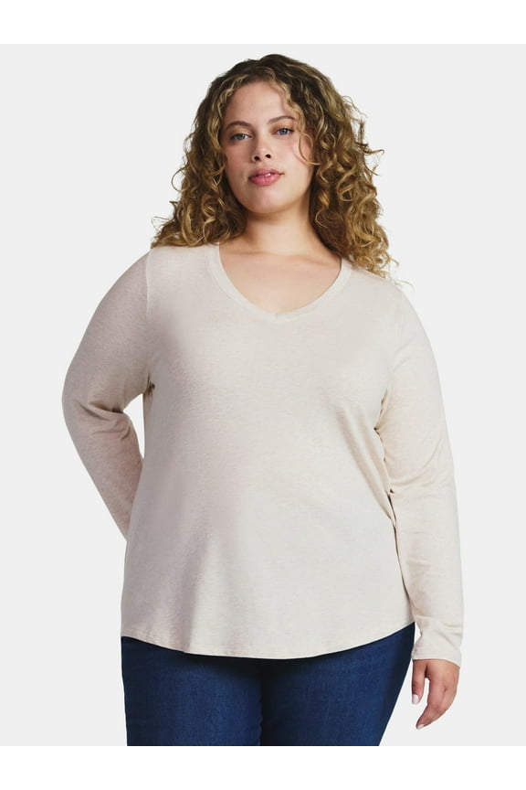 Women's Plus Size V-Neck Tee with Long Sleeves, Sizes 0X-5X