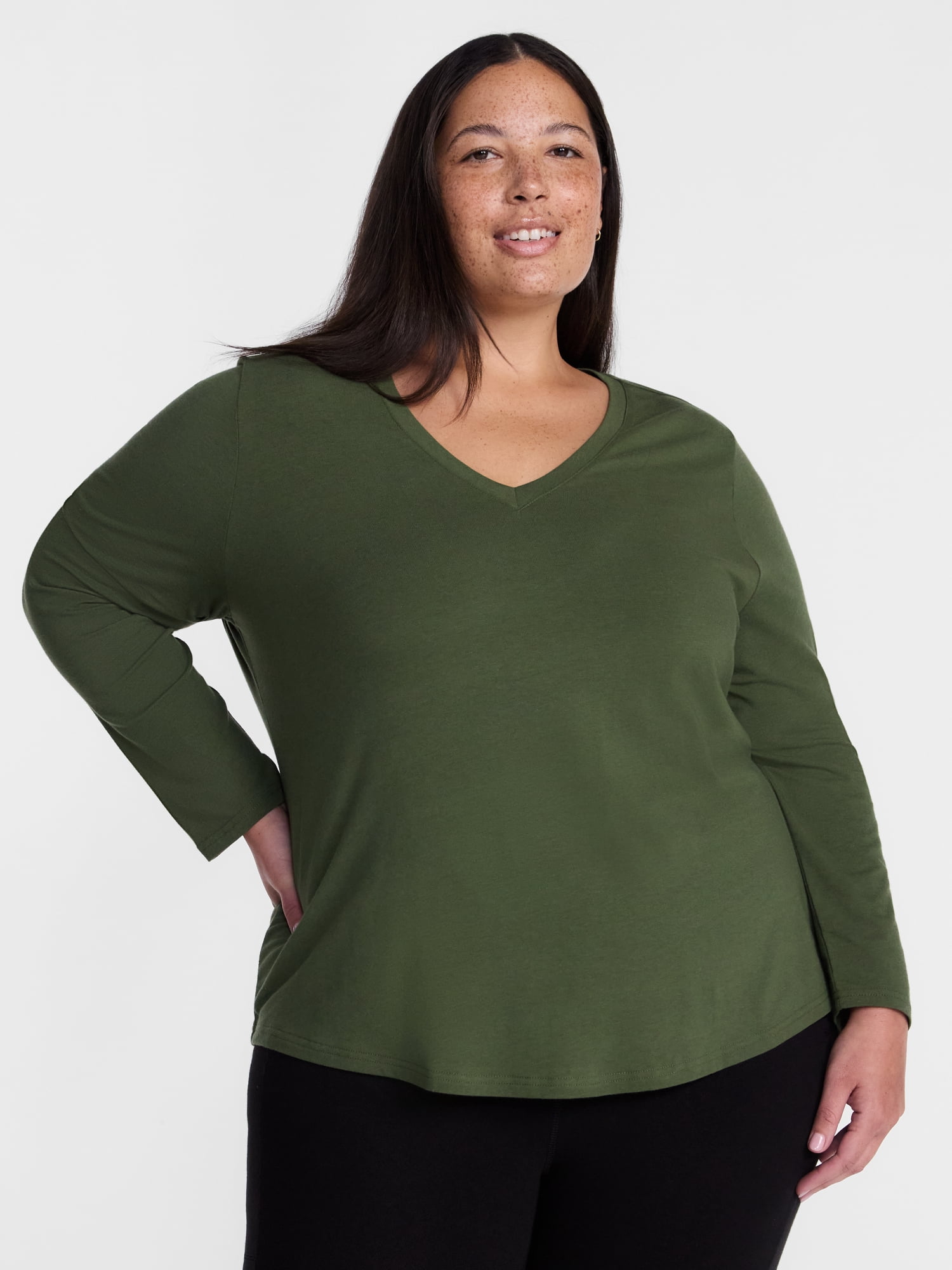 Terra & Sky Women's Plus Size V Neck Tee with Long Sleeves, Size 0X-5X
