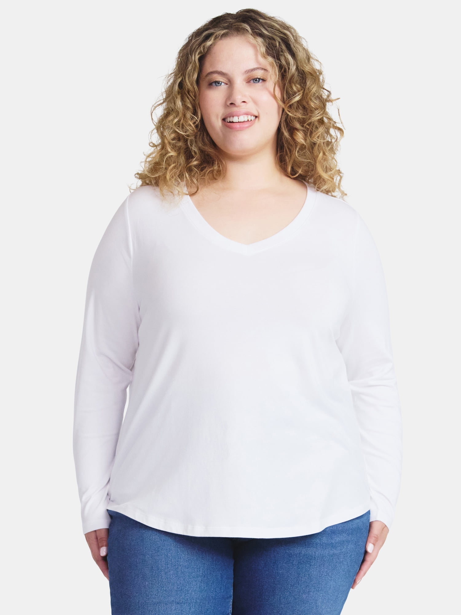 Terra & Sky Women's Plus Size V-Neck Tee with Long Sleeves, Sizes 0X-5X