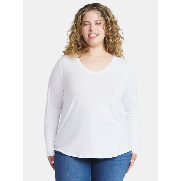 Terra & Sky Women's Plus Size V-Neck Tee with Long Sleeves, Sizes 0X-5X