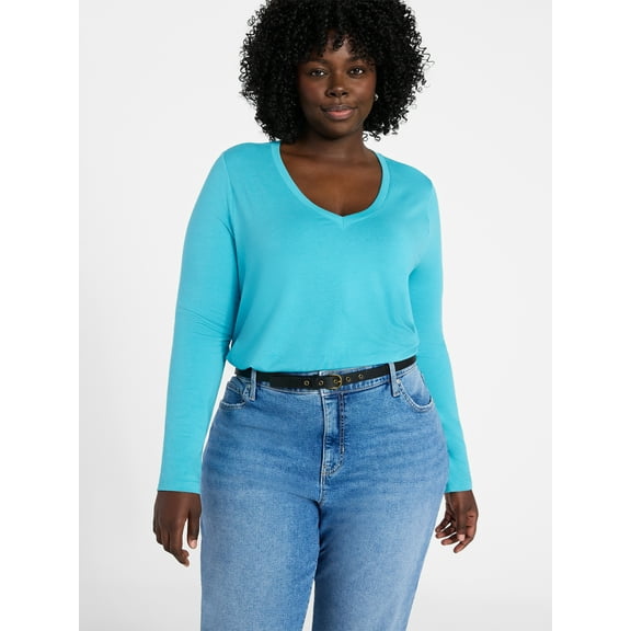 Terra & Sky Women's Plus Size V-Neck Tee with Long Sleeves, Sizes 0X-5X