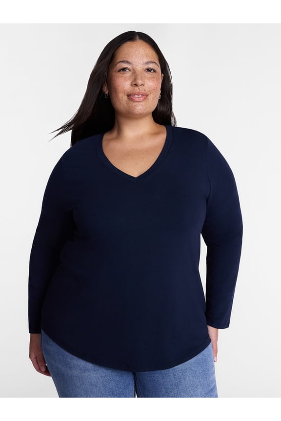 Women's Plus Size V Neck Tee with Long Sleeves, Size 0X-5X