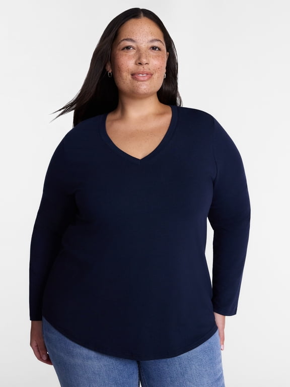 Women's Plus Size V Neck Tee with Long Sleeves, Size 0X-5X