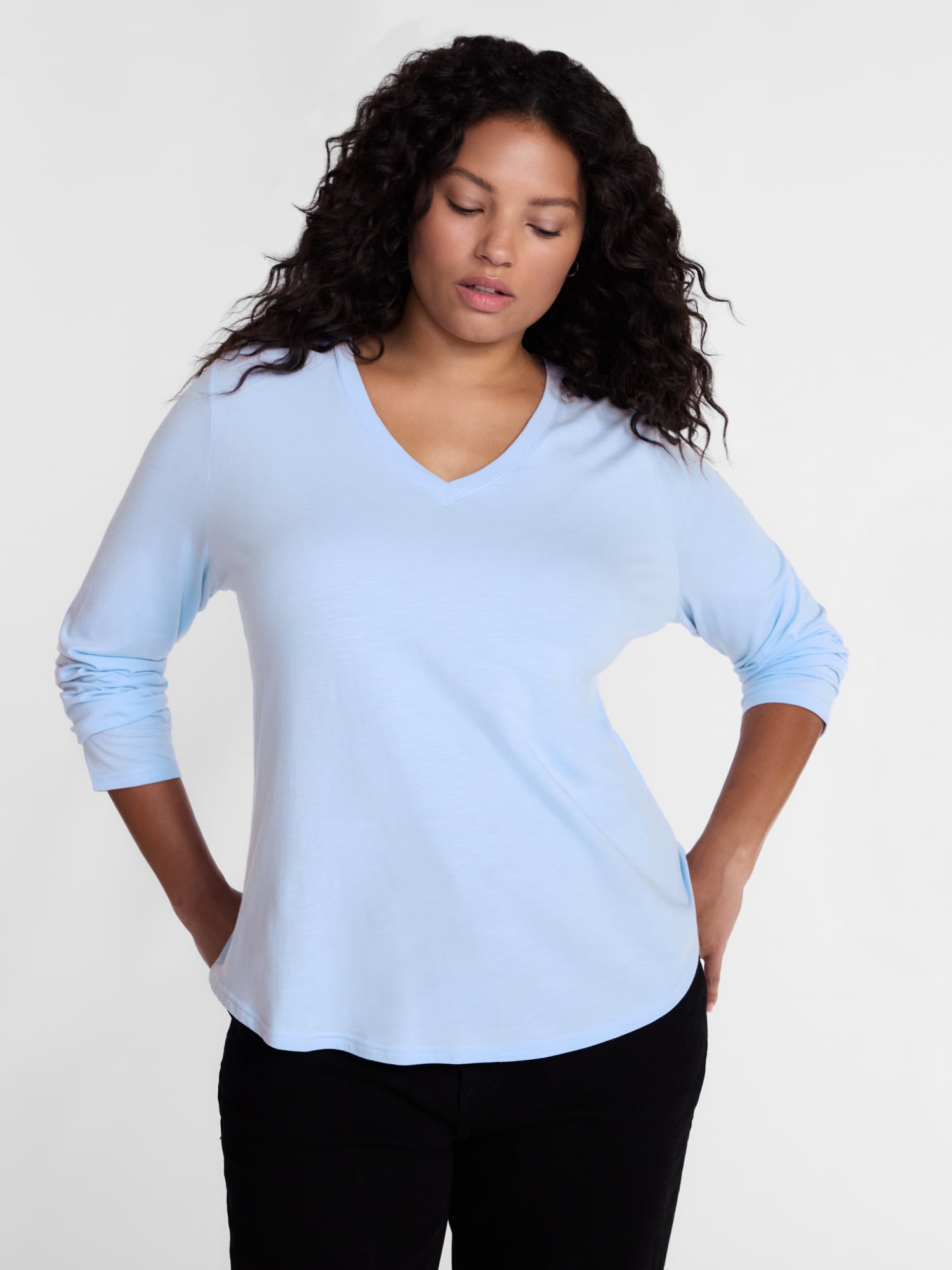 Terra & Sky Women's Plus Size V Neck Tee with Long Sleeves, Size 0X-5X