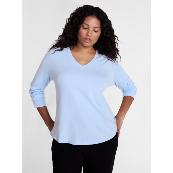 Terra & Sky Women's Plus Size V Neck Tee with Long Sleeves, Size 0X-5X