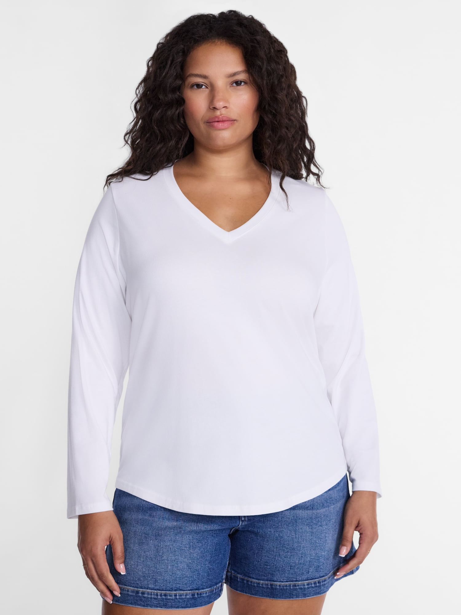 Terra & Sky Women's Plus Size V Neck Tee with Long Sleeves, Size 0X-5X