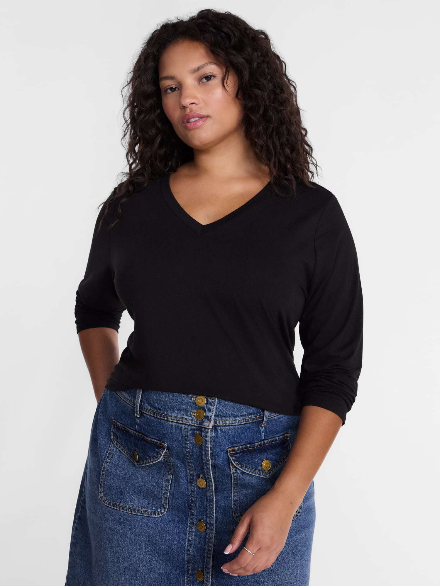 Terra & Sky Women's Plus Size V Neck Tee with Long Sleeves, Size 0X-5X