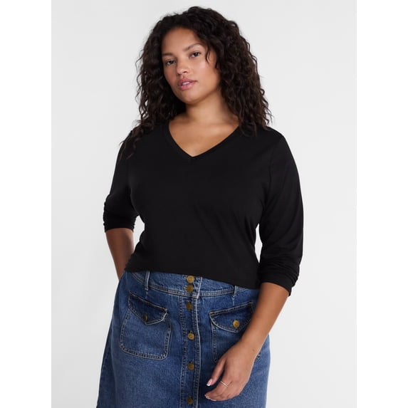 Terra & Sky Women's Plus Size V Neck Tee with Long Sleeves, Size 0X-5X