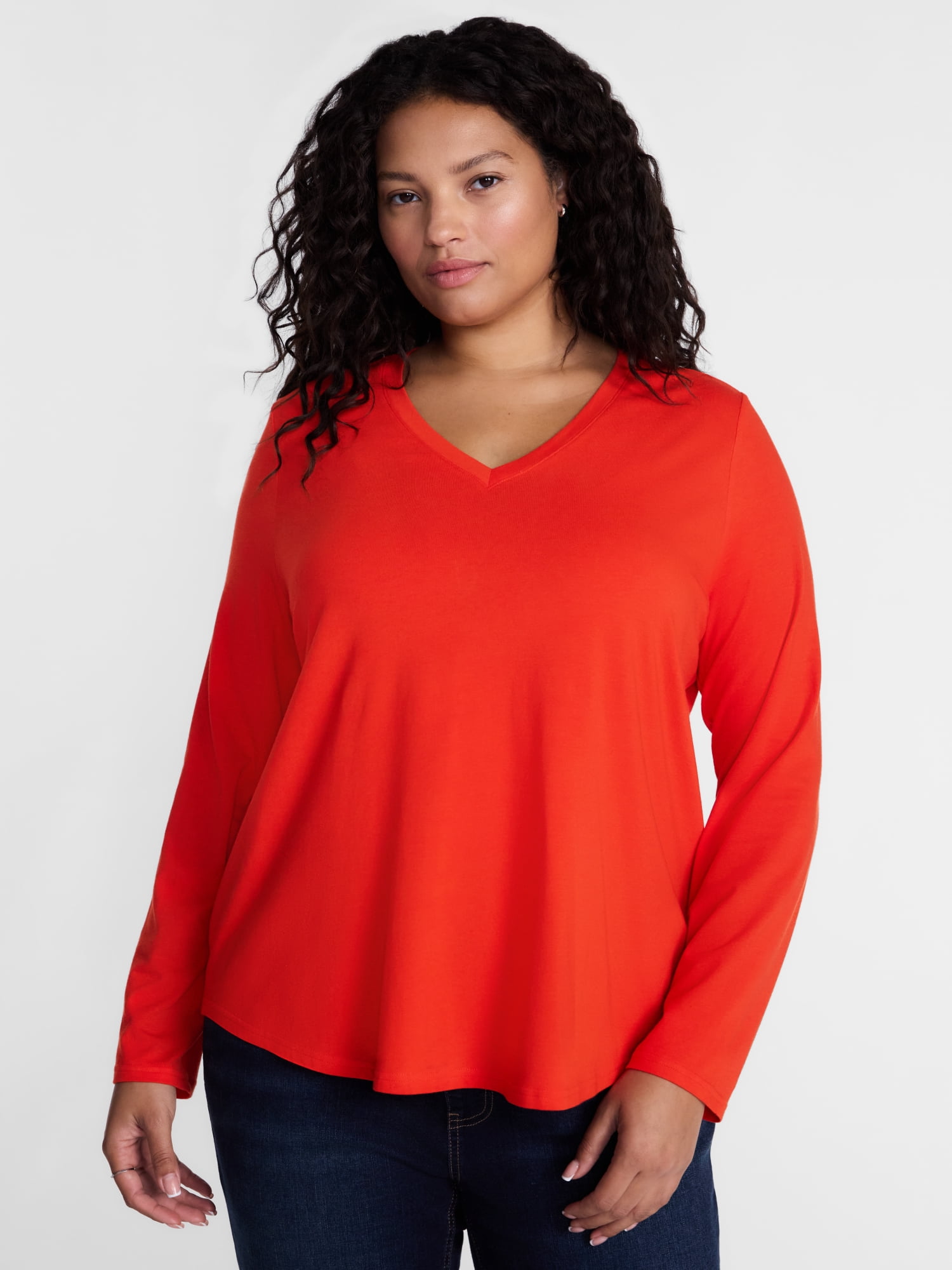 Terra & Sky Women's Plus Size V Neck Tee with Long Sleeves, Size 0X-5X