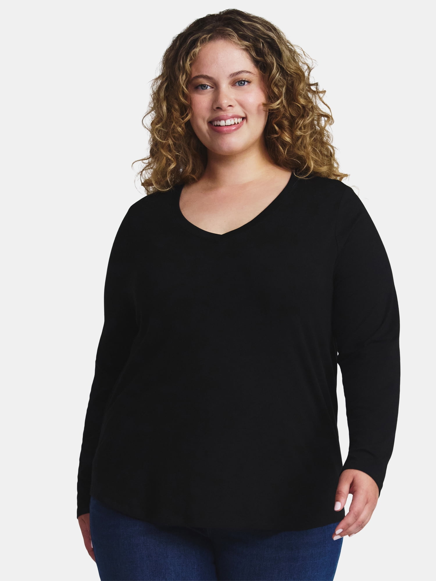 Terra & Sky Women's Plus Size V-Neck Tee with Long Sleeves, Sizes 0X-5X