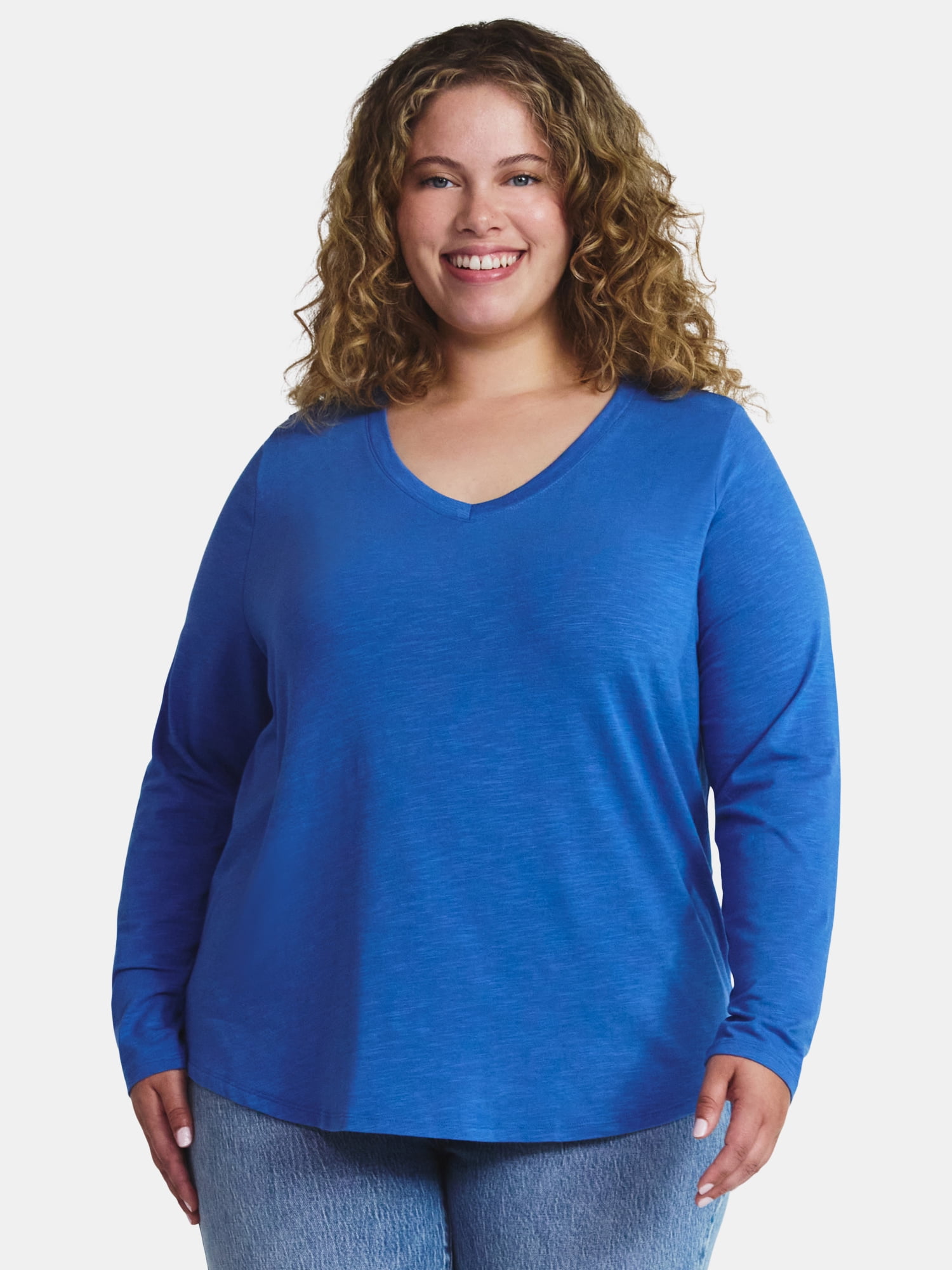 Terra & Sky Women's Plus Size V-Neck Tee with Long Sleeves, Sizes 0X-5X
