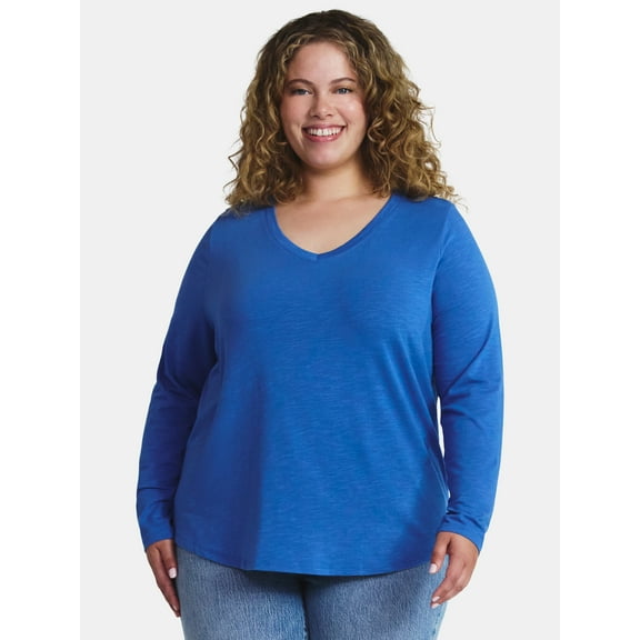 Terra & Sky Women's Plus Size V-Neck Tee with Long Sleeves, Sizes 0X-5X