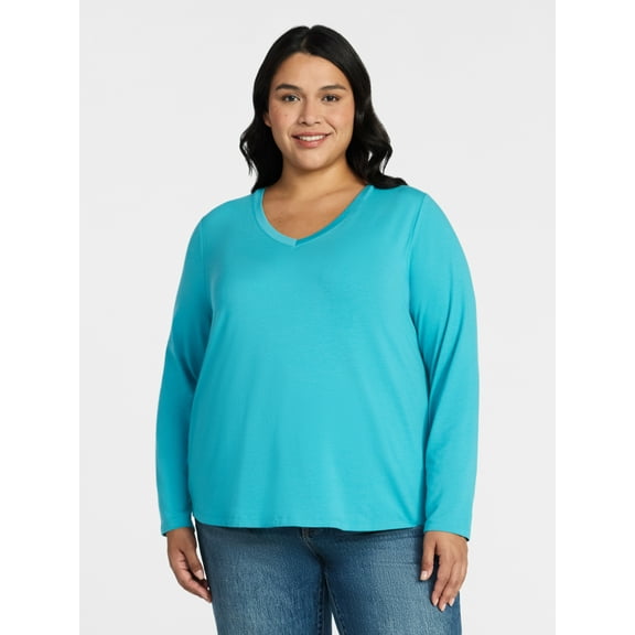 Terra & Sky Women's Plus Size V-Neck Tee with Long Sleeves, Sizes 0X-5X