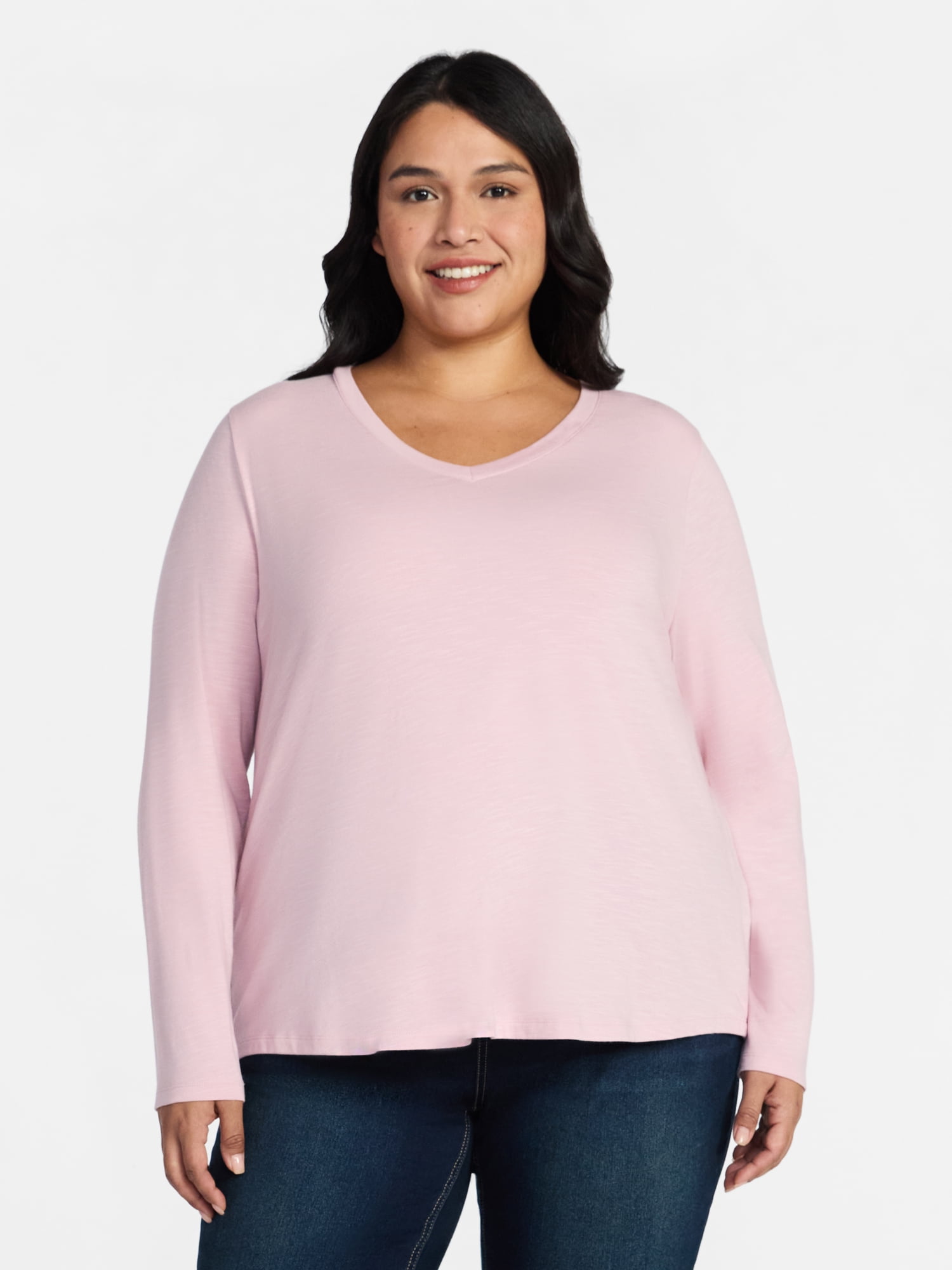 Terra & Sky Women's Plus Size V-Neck Tee with Long Sleeves, Sizes 0X-5X