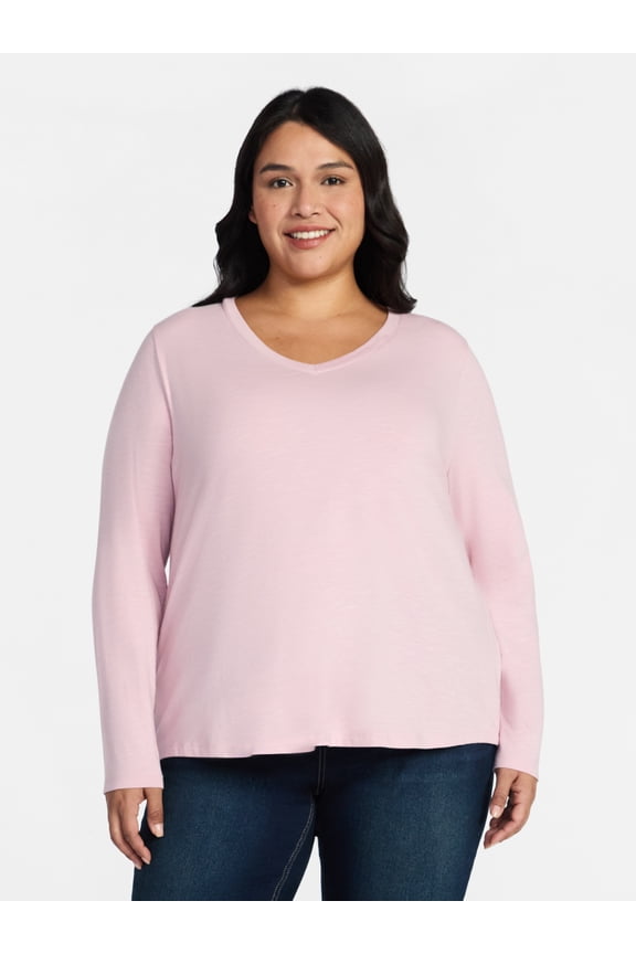 Women's Plus Size V-Neck Tee with Long Sleeves, Sizes 0X-5X