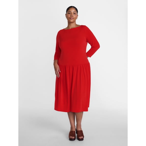 Terra & Sky Women's Plus Boatneck Drop Waist Midi Dress with Long Sleeves, Sizes 0X-5X