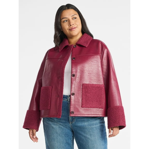 Terra & Sky Women's Plus Faux Shearling Jacket with Long Sleeves, Sizes 0X-5X