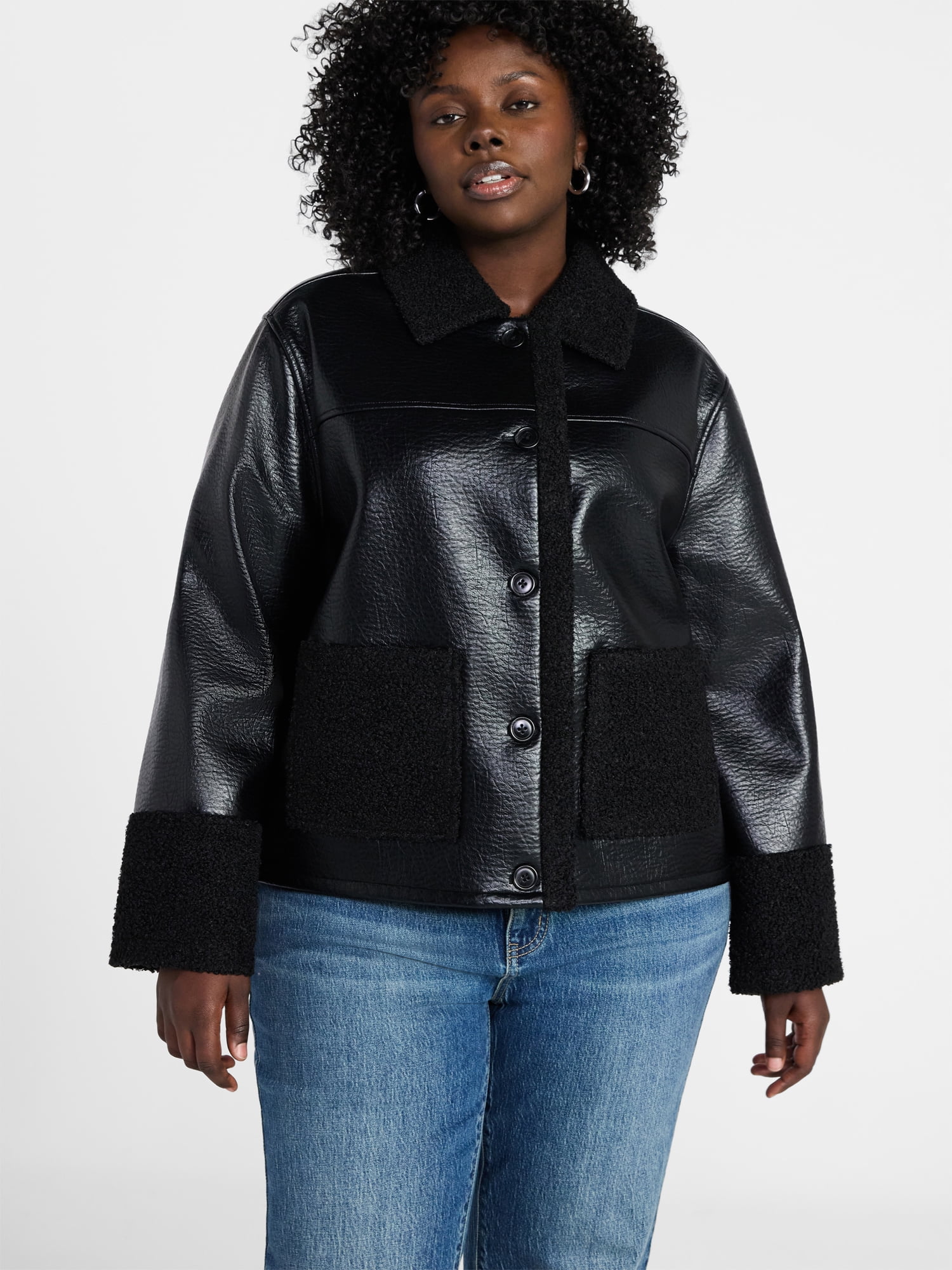 Terra & Sky Women's Plus Faux Shearling Jacket with Long Sleeves, Sizes 0X-5X