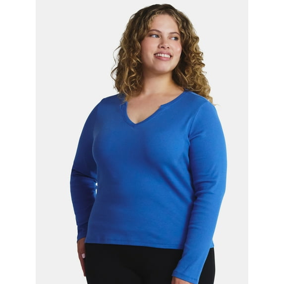 Terra & Sky Women's Plus Long Sleeve Notch Neck Top, Sizes 0X-5X