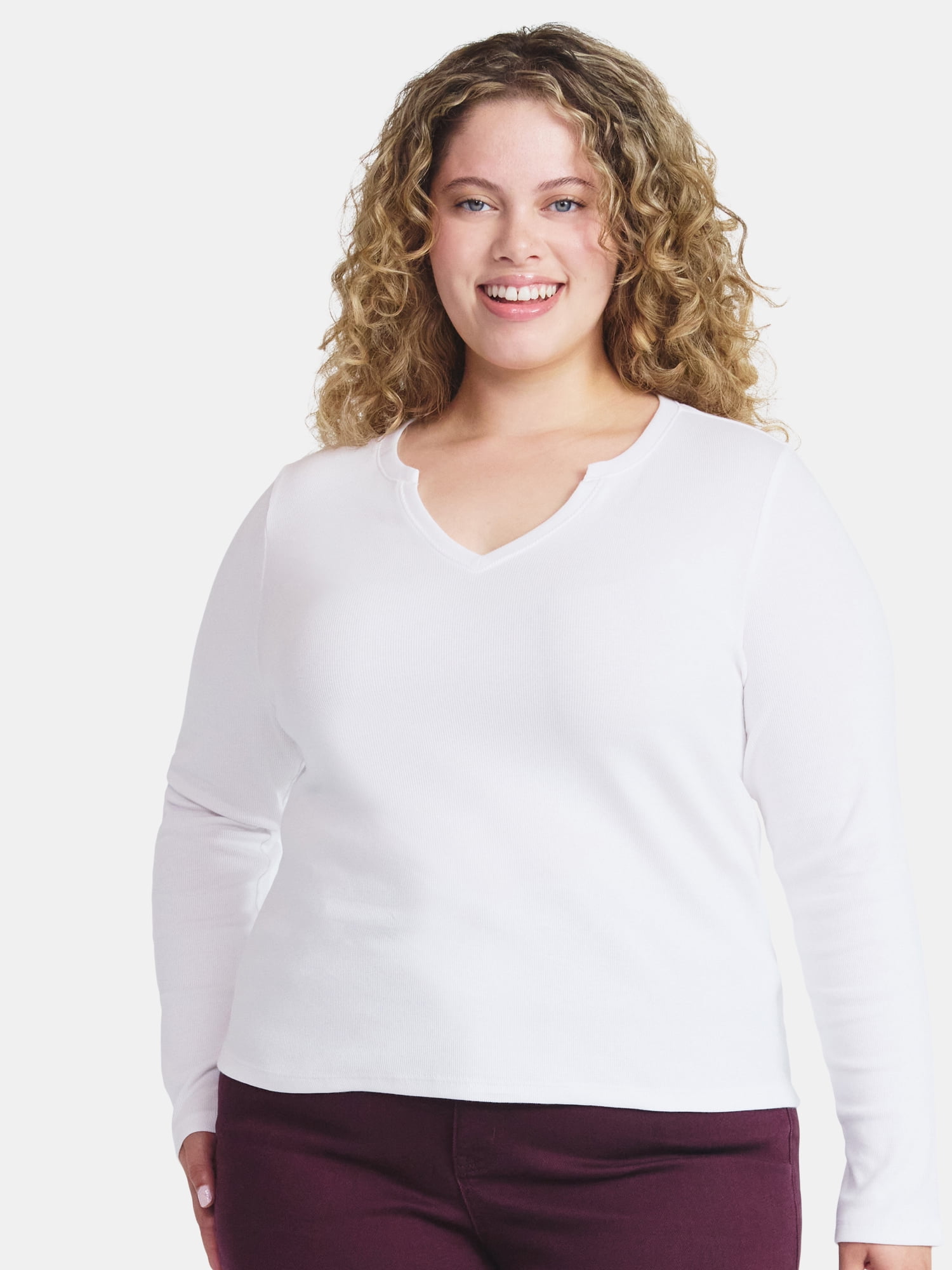 Terra & Sky Women's Plus Long Sleeve Notch Neck Top, Sizes 0X-5X