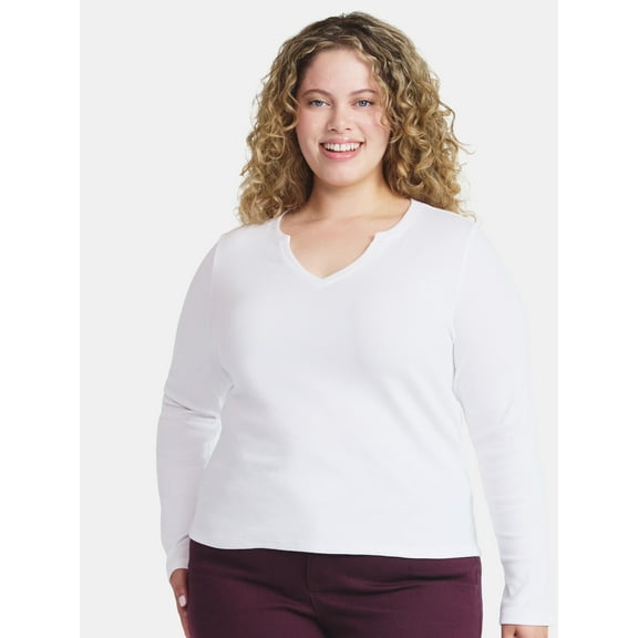 Terra & Sky Women's Plus Long Sleeve Notch Neck Top, Sizes 0X-5X