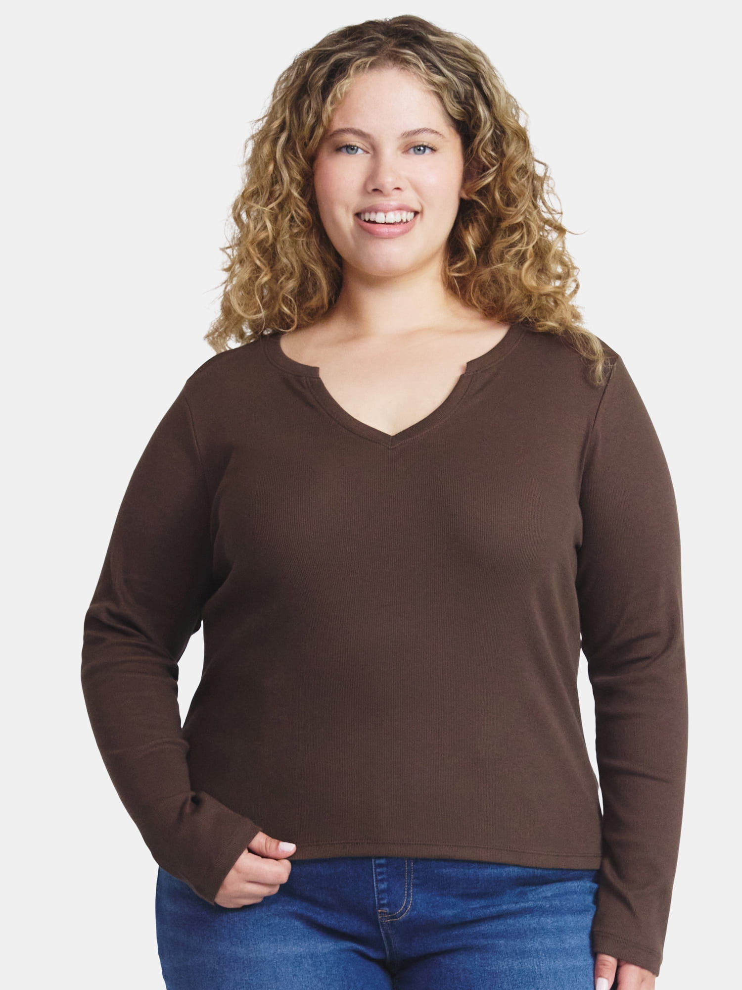 Terra & Sky Women's Plus Long Sleeve Notch Neck Top, Sizes 0X-5X