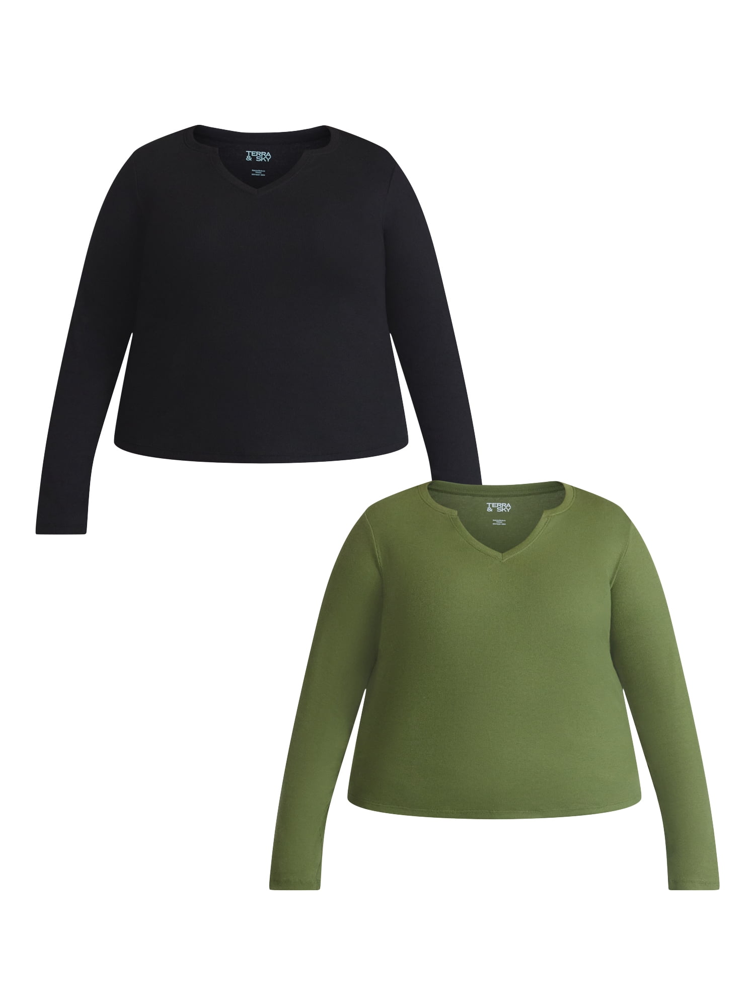 Terra & Sky Women's Plus Long Sleeve Notch Neck Top