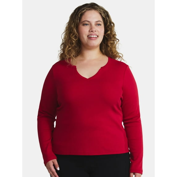 Terra & Sky Women's Plus Long Sleeve Notch Neck Top, Sizes 0X-5X