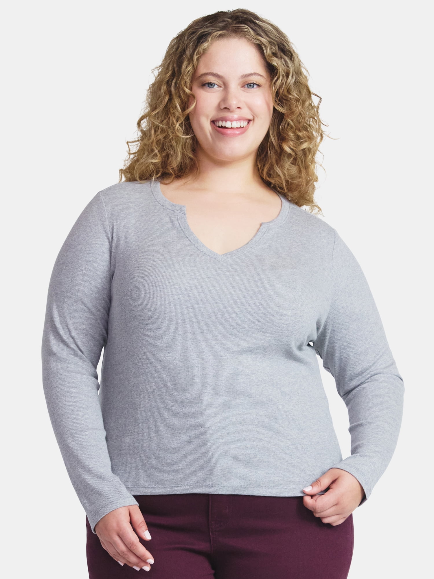 Terra & Sky Women's Plus Long Sleeve Notch Neck Top, Sizes 0X-5X