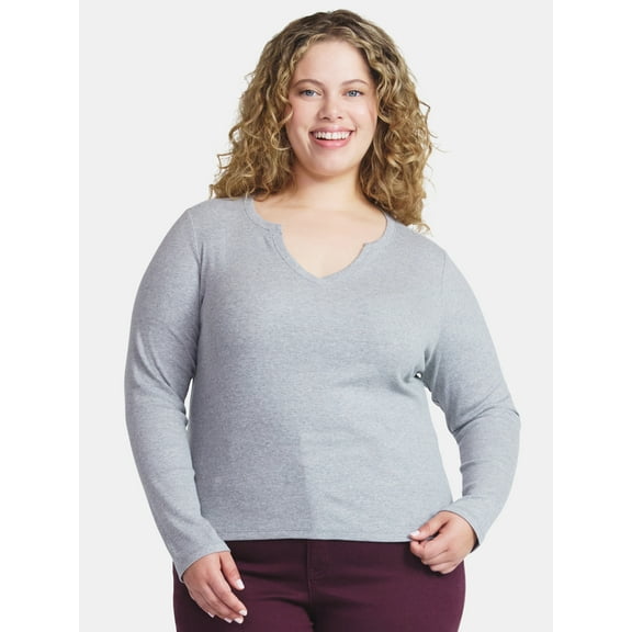 Terra & Sky Women's Plus Long Sleeve Notch Neck Top, Sizes 0X-5X