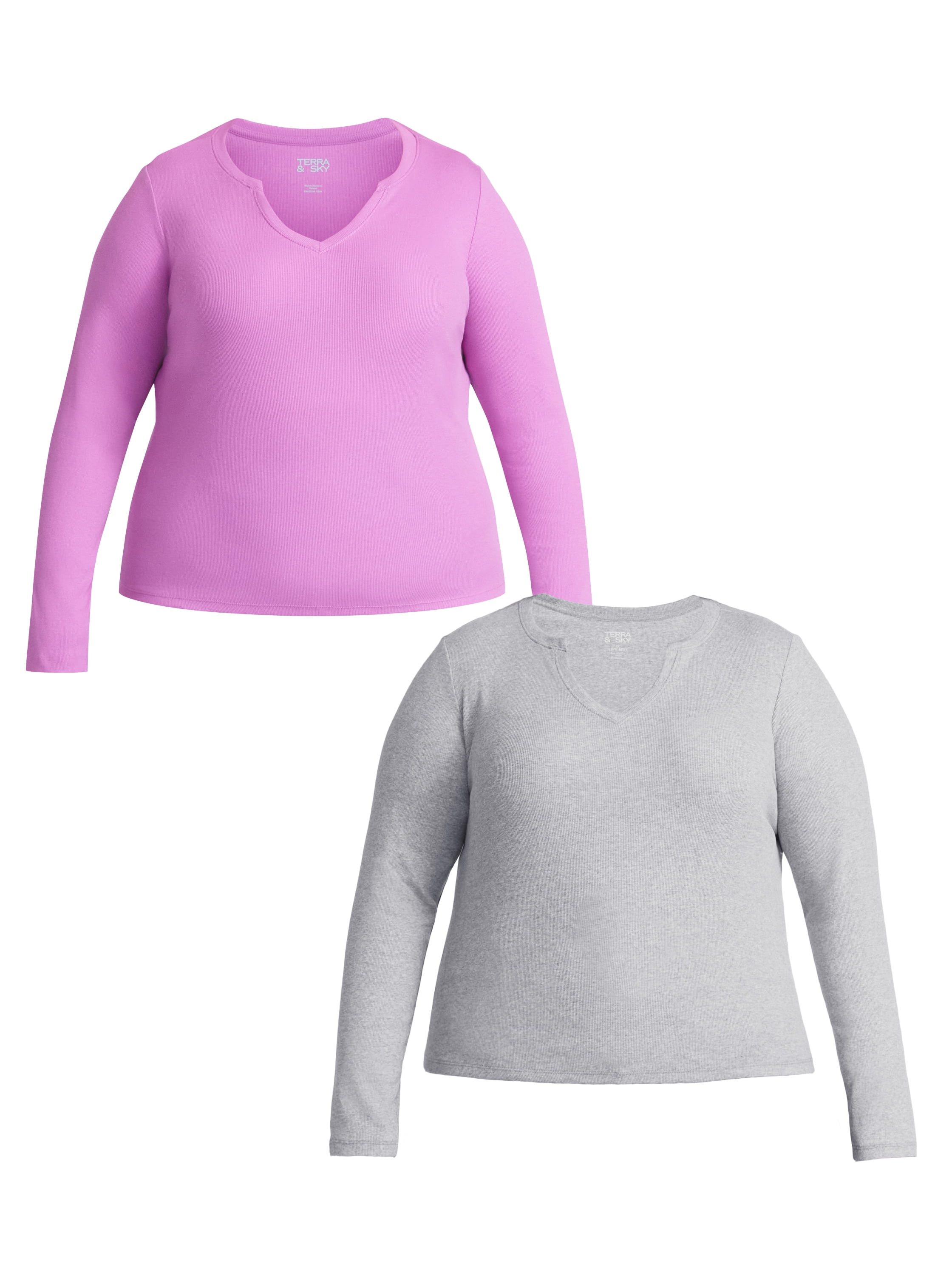 Terra & Sky Women's Plus Long Sleeve Notch Neck Top