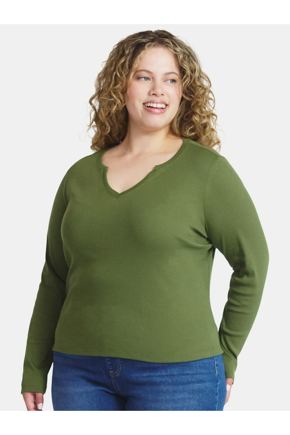 Women's Plus Long Sleeve Notch Neck Top, Sizes 0X-5X