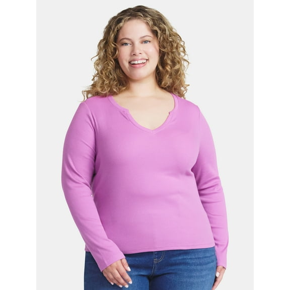 Terra & Sky Women's Plus Long Sleeve Notch Neck Top, Sizes 0X-5X