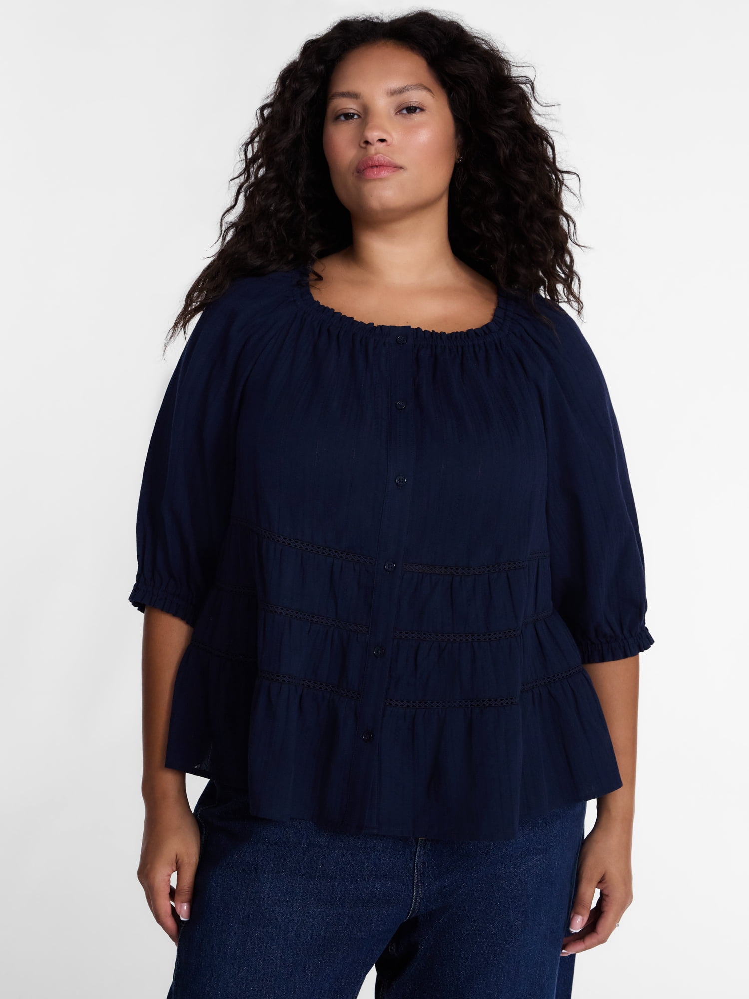 Terra & Sky Women's Plus Button Front Swing Top with Elbow Length Sleeves, Sizes 0X-5X