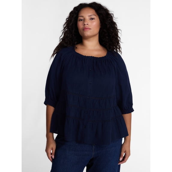 Terra & Sky Women's Plus Button Front Swing Top with Elbow Length Sleeves, Sizes 0X-5X